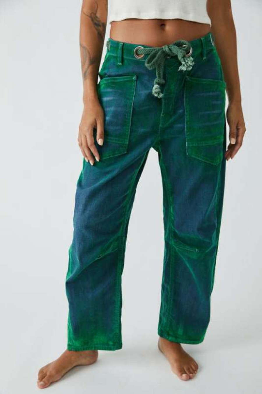 Pants * | Exquisite Free People: Moxie Flocked Pull-On Barrel Pants Kelly Green