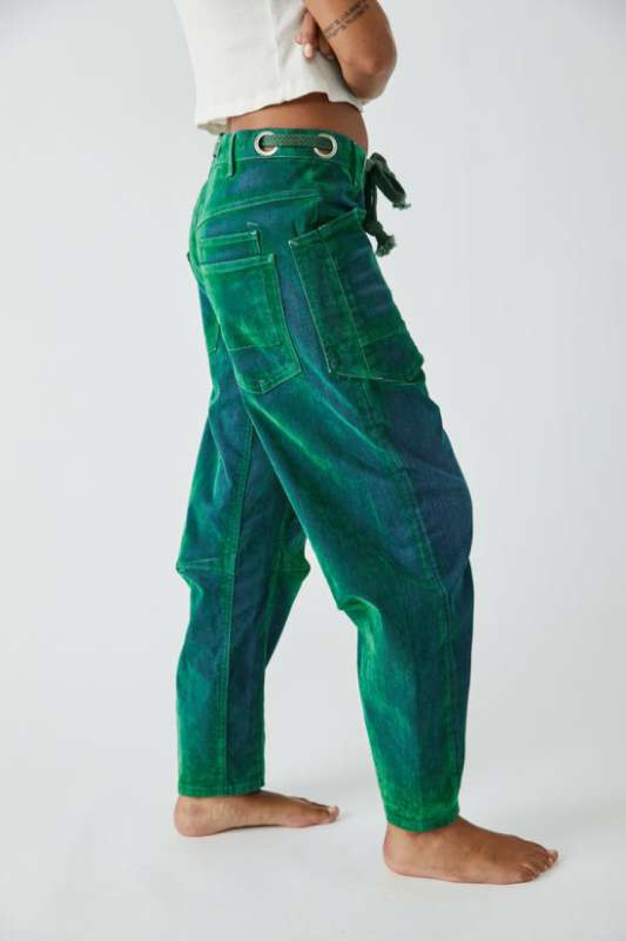 Pants * | Exquisite Free People: Moxie Flocked Pull-On Barrel Pants Kelly Green