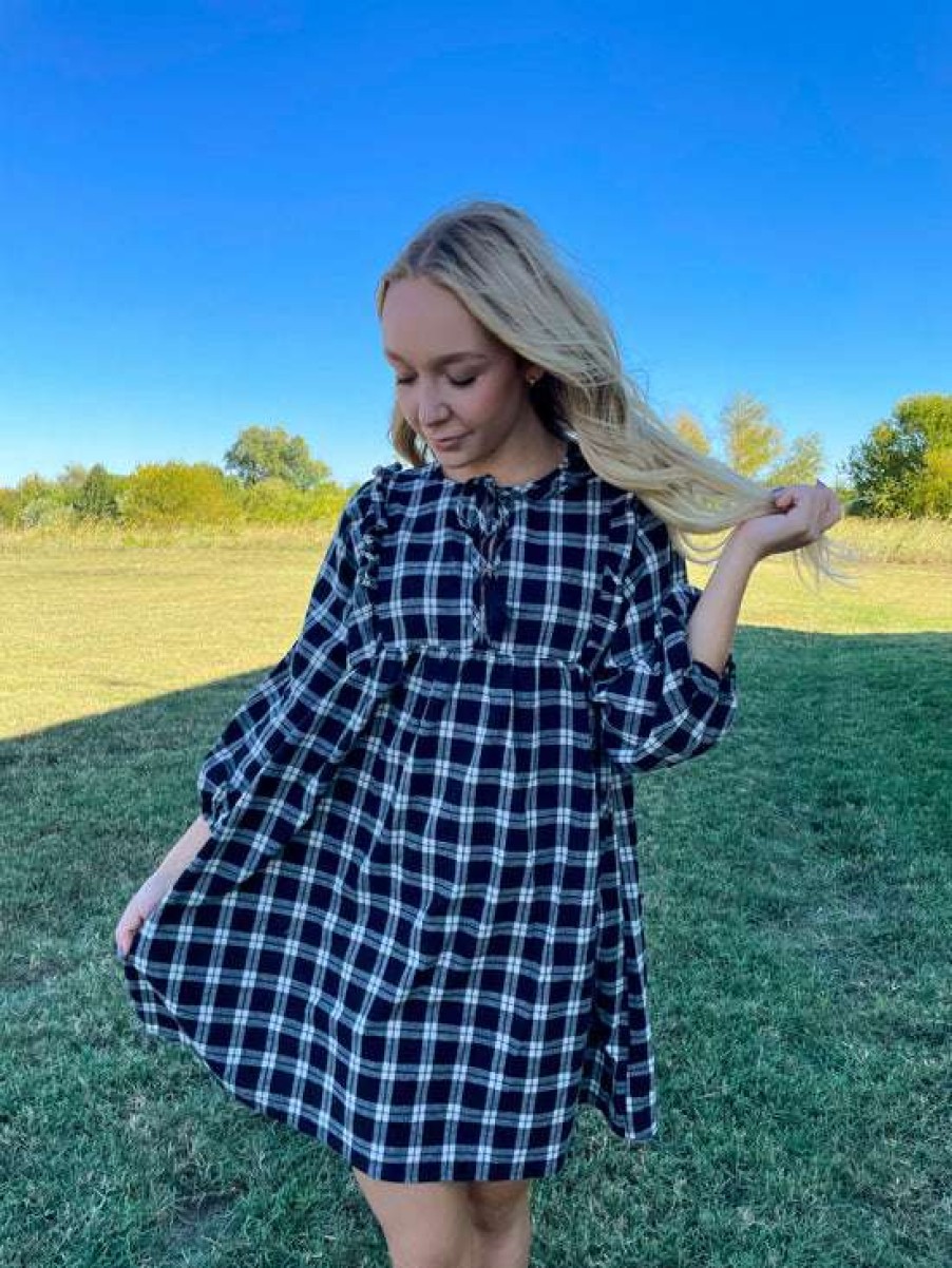 Dresses * | Authentic Mackenzie Puff Plaid Dress Black