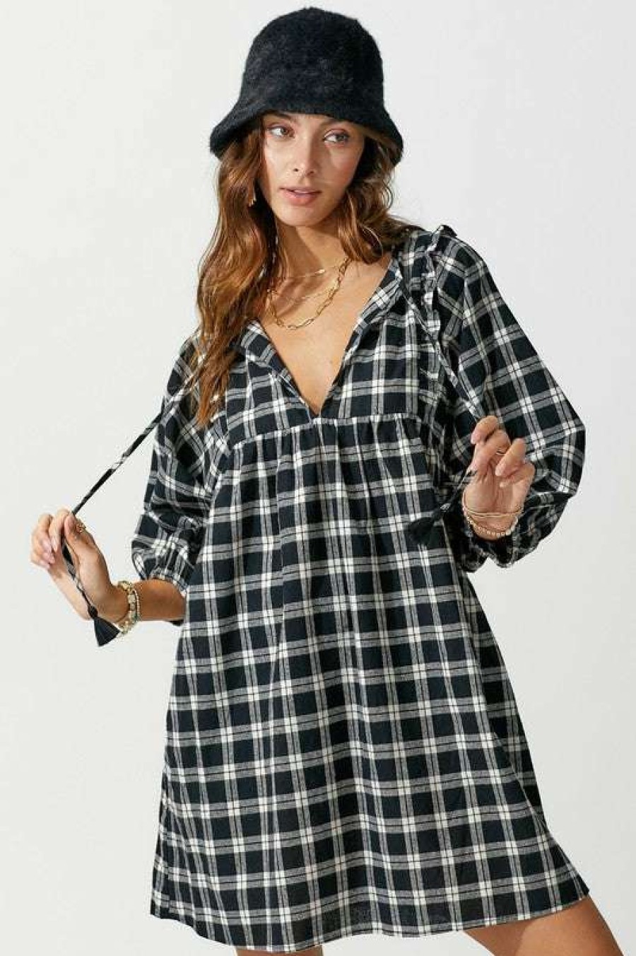 Dresses * | Authentic Mackenzie Puff Plaid Dress Black