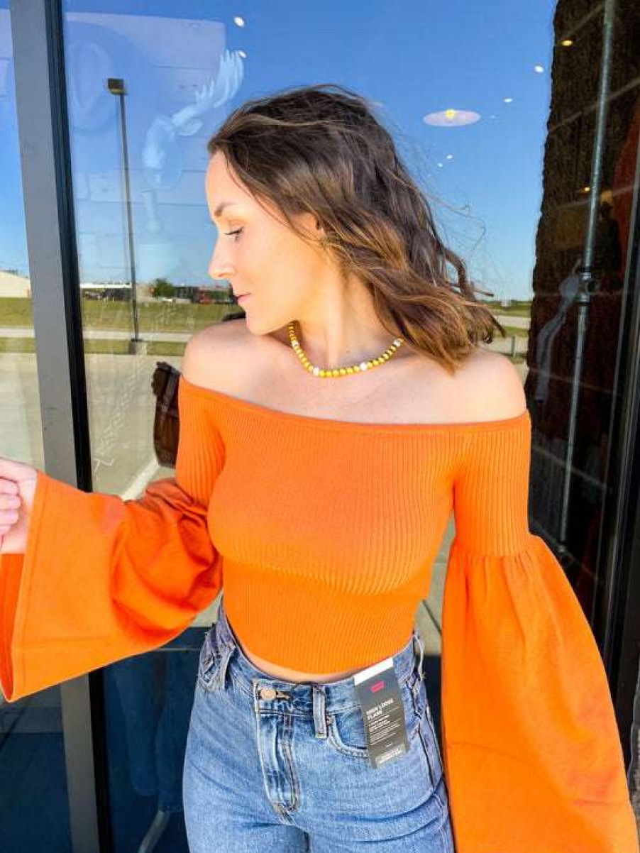 Crop * | Exquisite Emma Off-The-Shoulder Sweater Crop Tangerine