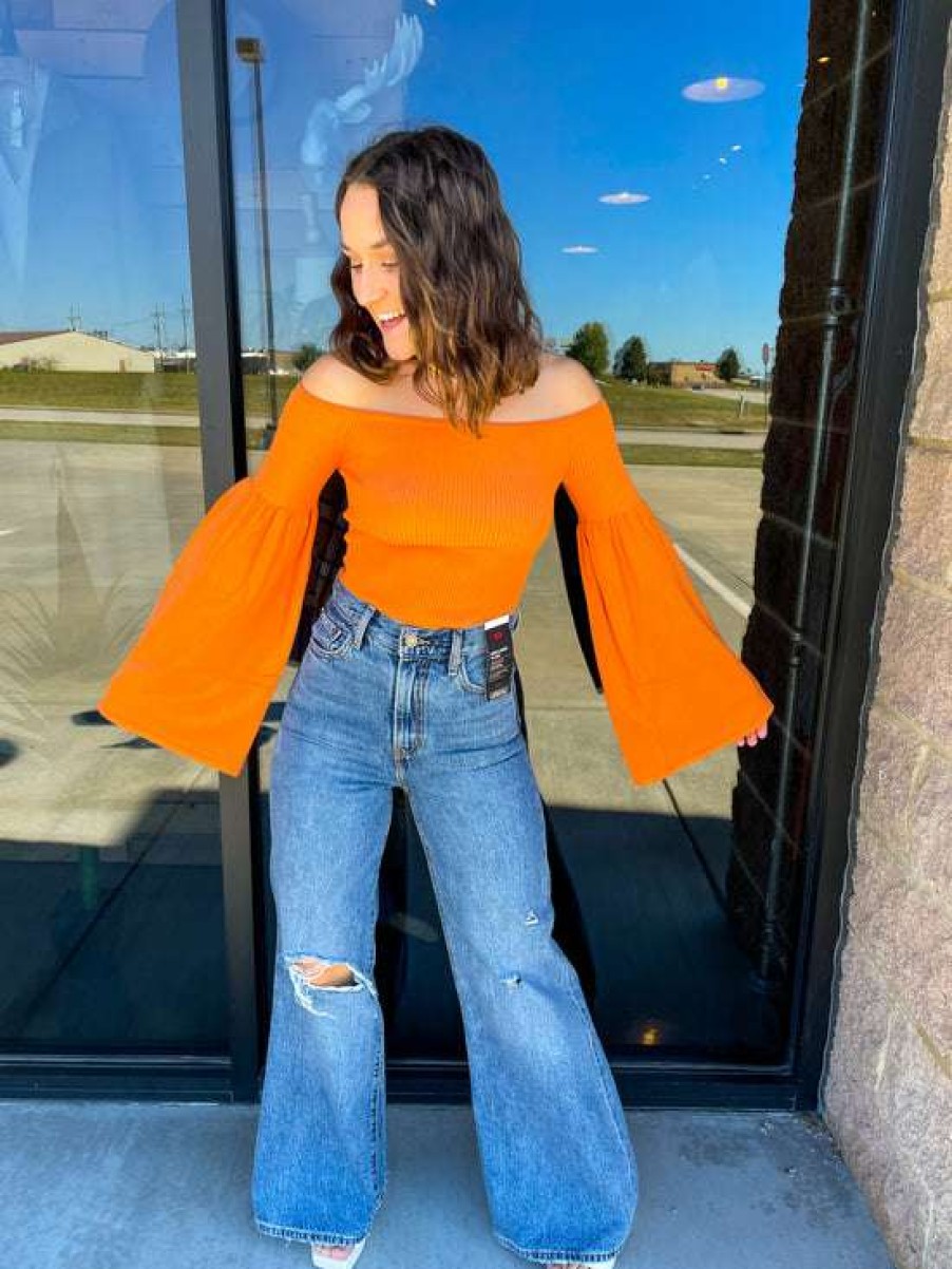 Crop * | Exquisite Emma Off-The-Shoulder Sweater Crop Tangerine