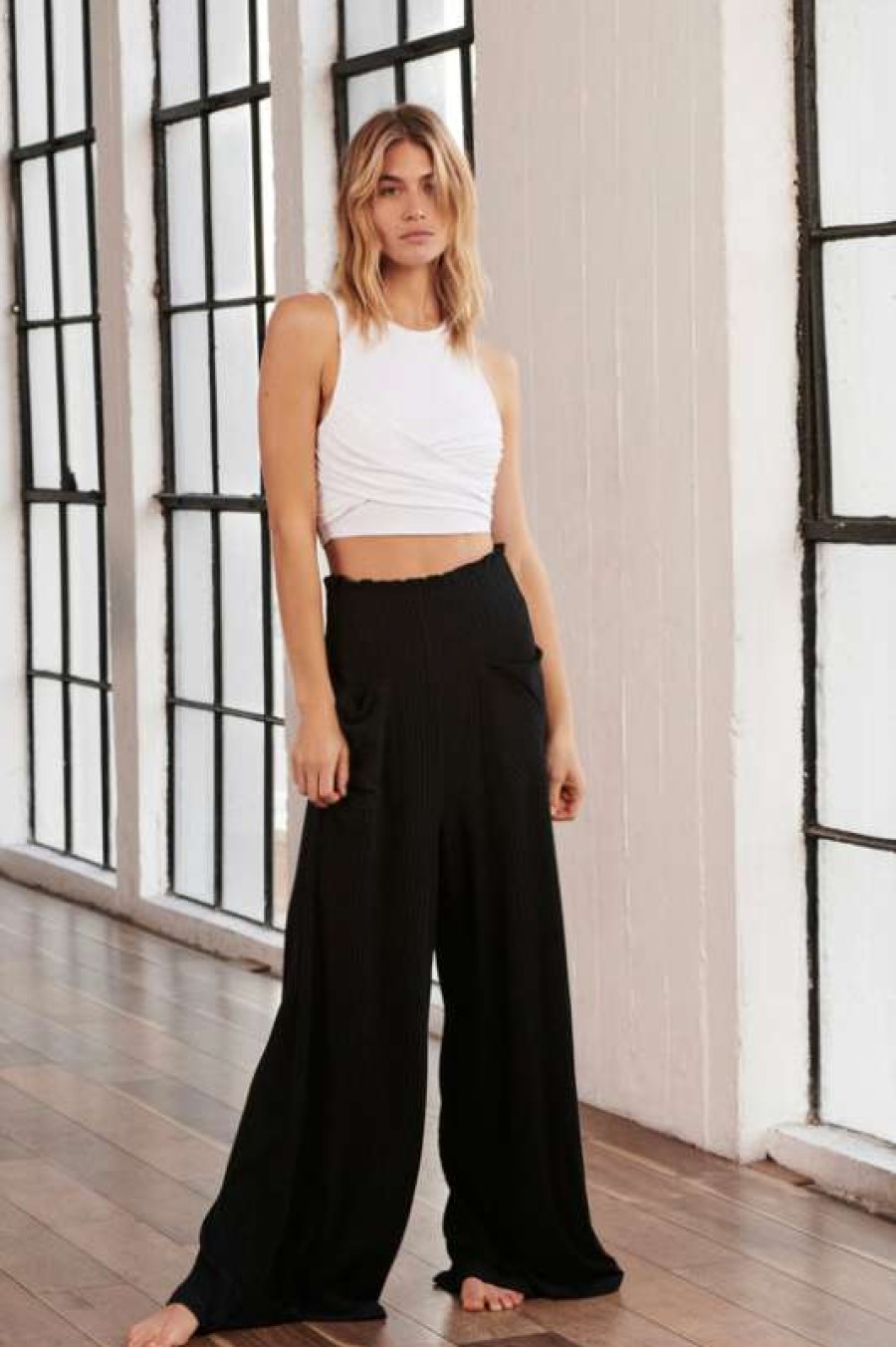 Pants * | Beautiful Free People: Blissed Out Wide-Leg Pants Black