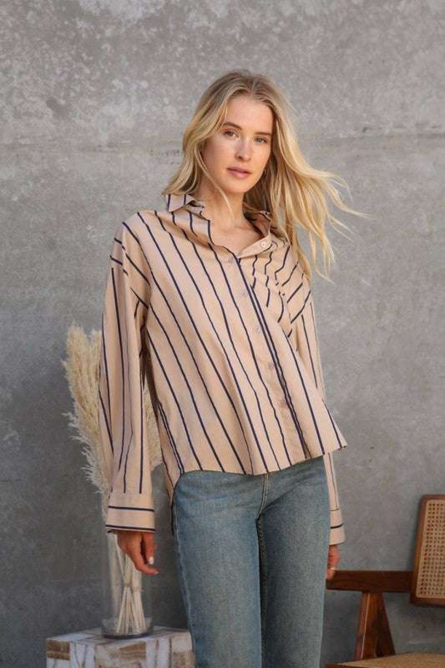 Blouses * | Particular Preppy Pinstripe Top Taupe/Navy