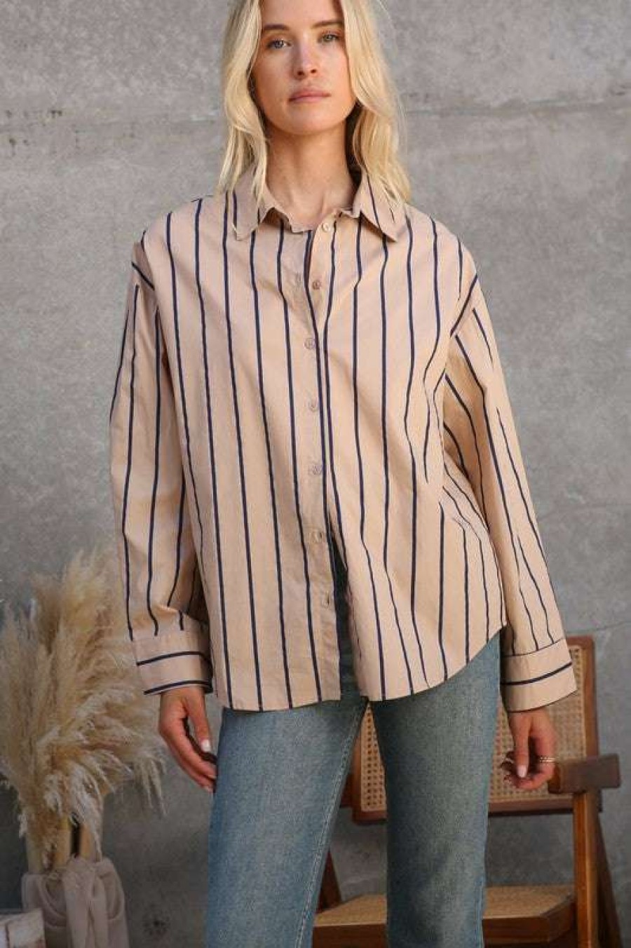 Blouses * | Particular Preppy Pinstripe Top Taupe/Navy