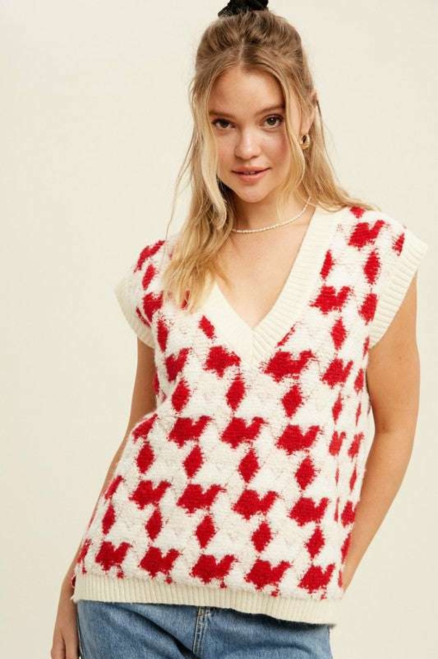 Vests * | Diaphanous Forever Yours Houndsooth Vest Red