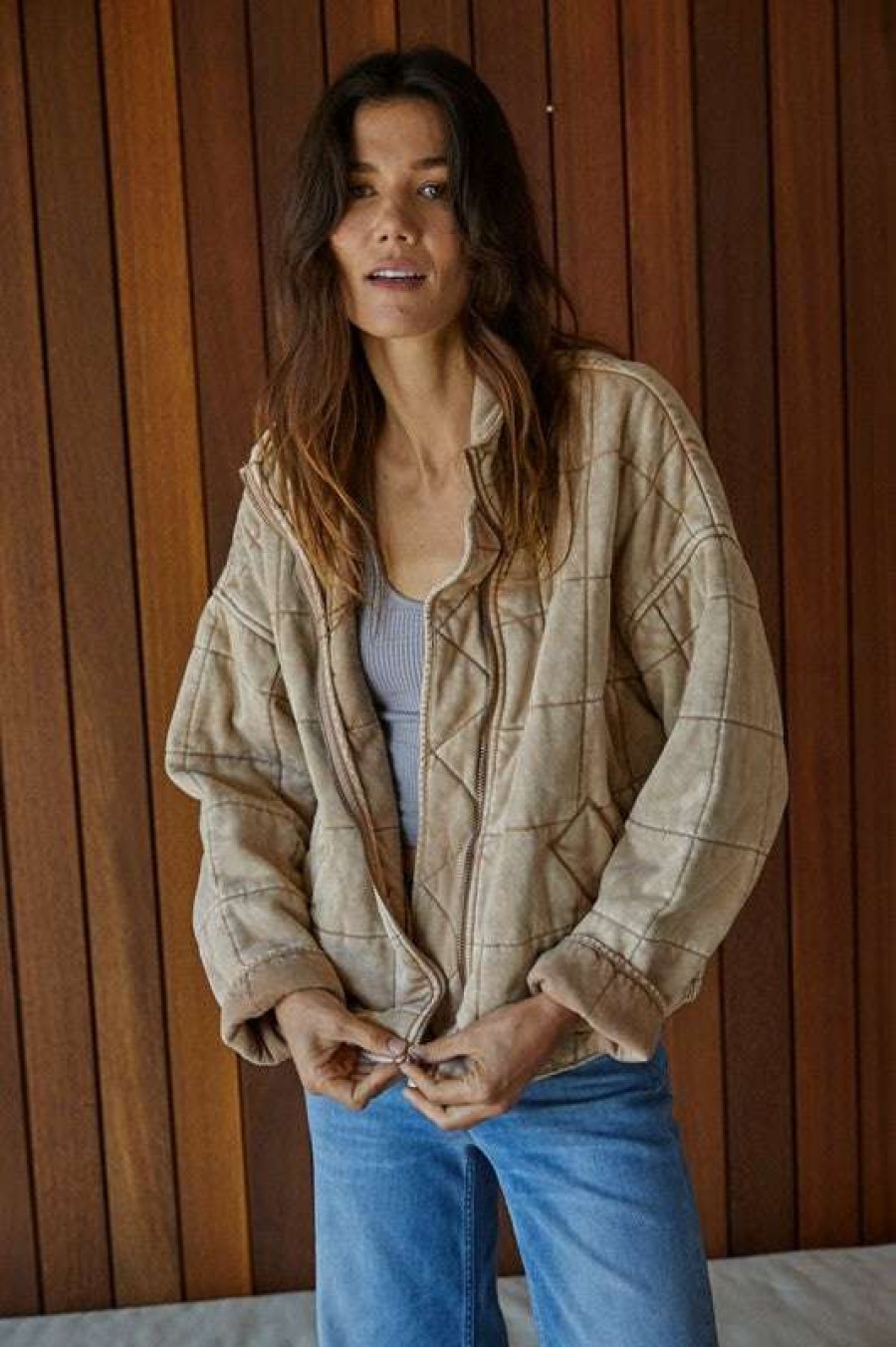 Jackets * | Hottest Free Fallin' Quilted Dolman Jacket Taupe