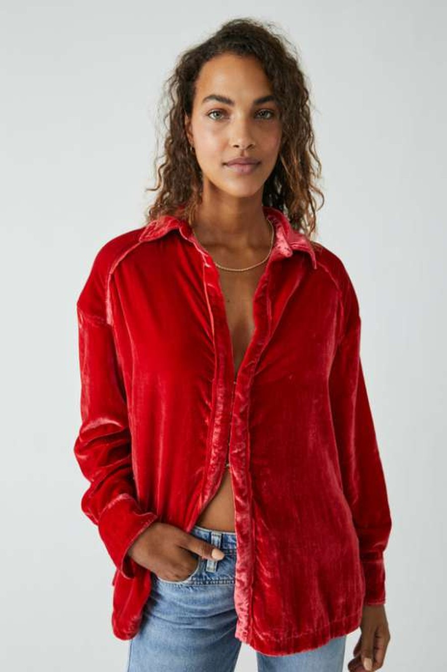 Blouses * | Unique Free People: Marianne Velvet Shirt Fiery Red