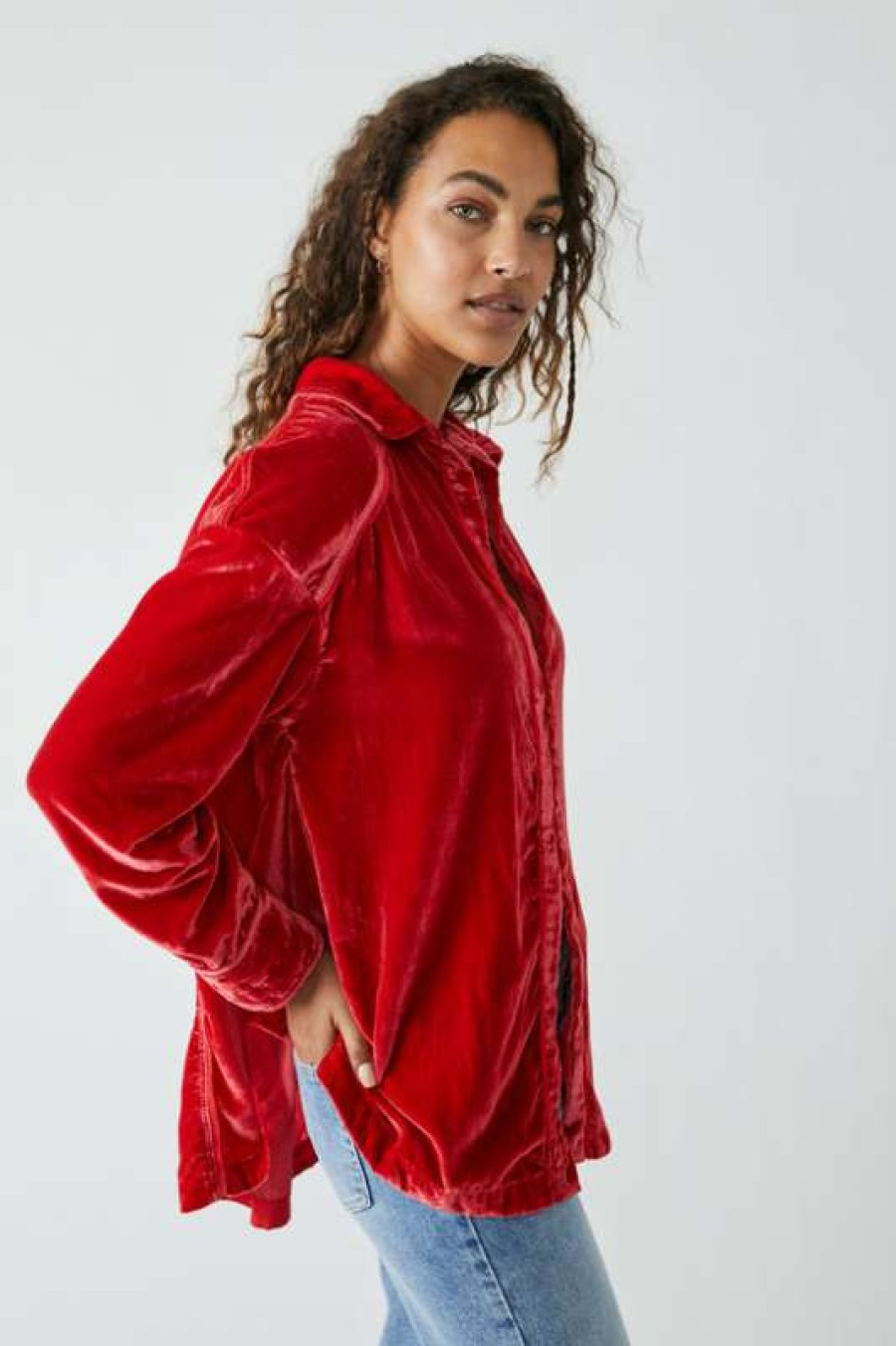 Blouses * | Unique Free People: Marianne Velvet Shirt Fiery Red