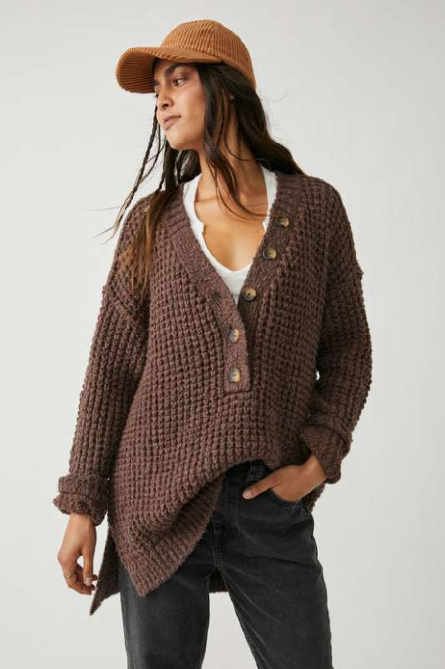 Sweaters * | Hottest Free People: Whistle Thermal Henley Brownstone