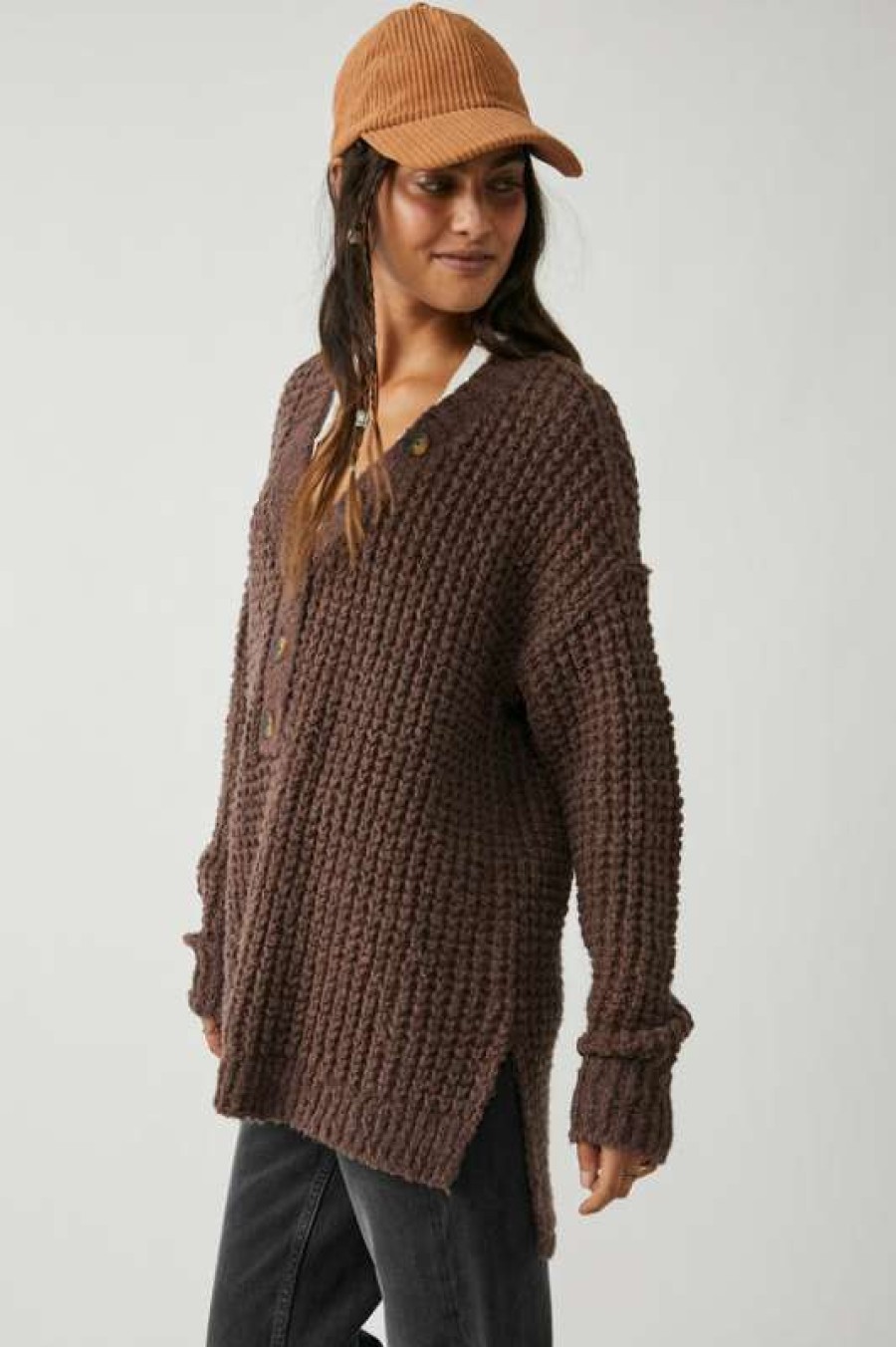 Sweaters * | Hottest Free People: Whistle Thermal Henley Brownstone