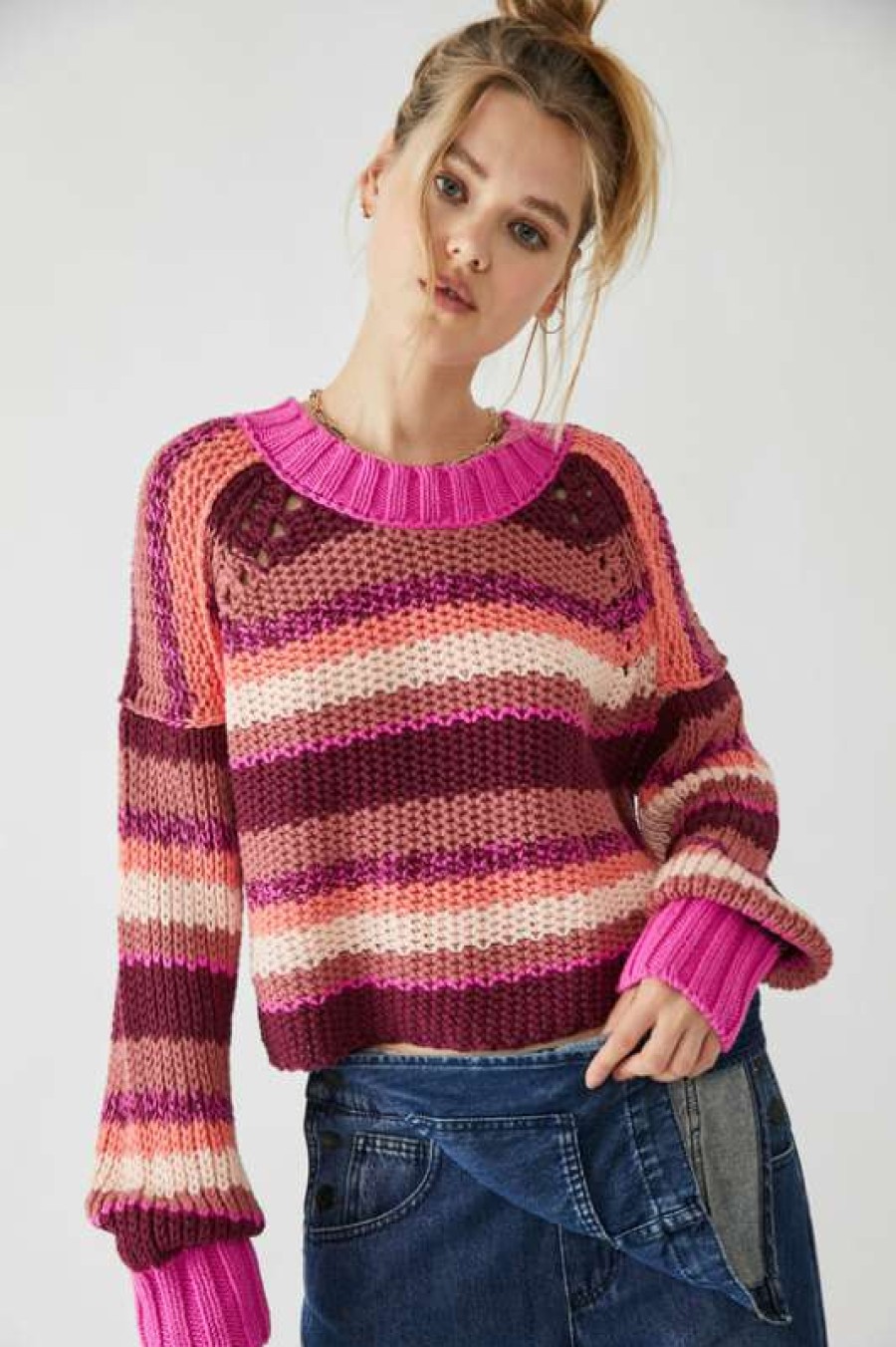 Sweaters * | Particular Free People: Devon Sweater Fuschia Rose