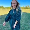 Dresses * | Comely Mackenzie Puff Plaid Dress Green