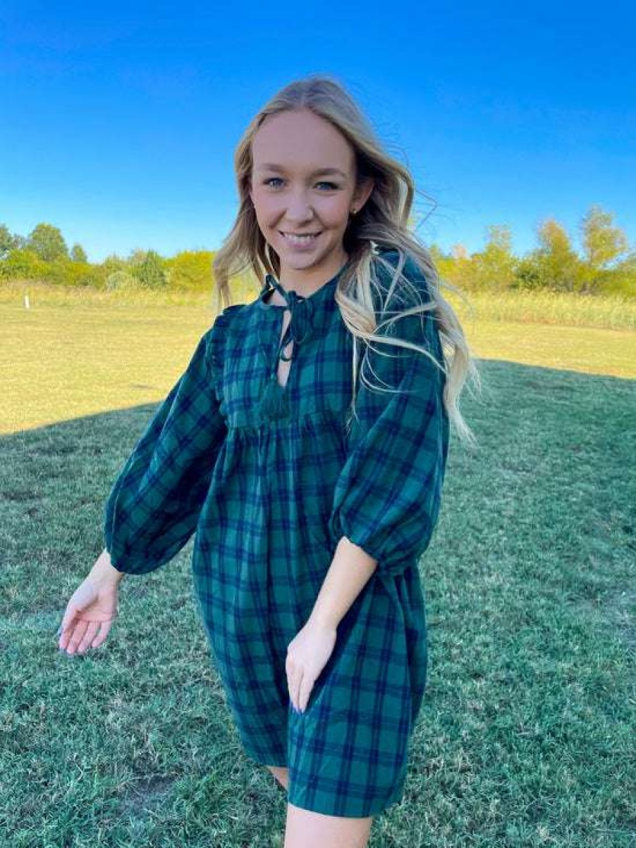 Dresses * | Comely Mackenzie Puff Plaid Dress Green