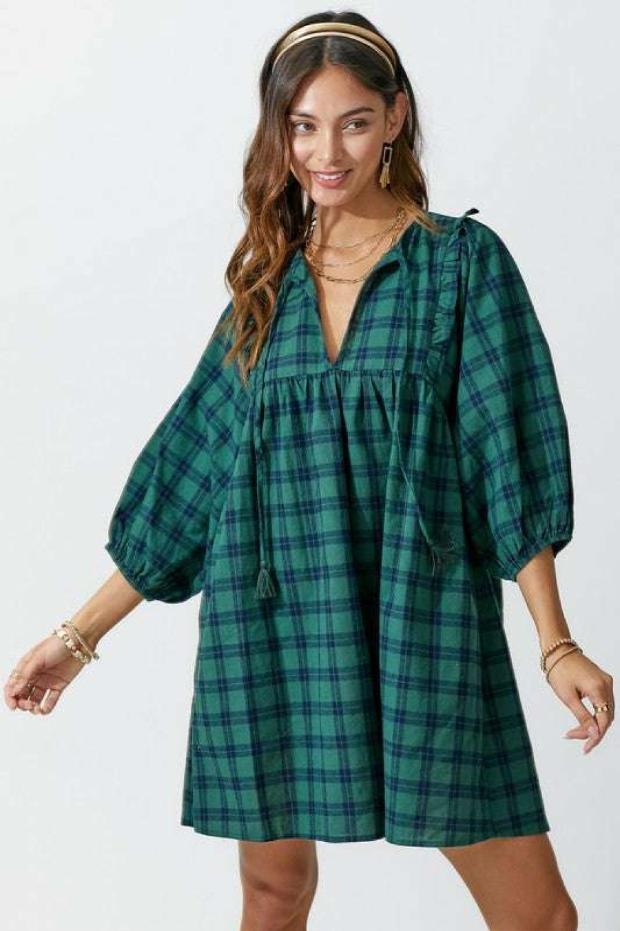 Dresses * | Comely Mackenzie Puff Plaid Dress Green