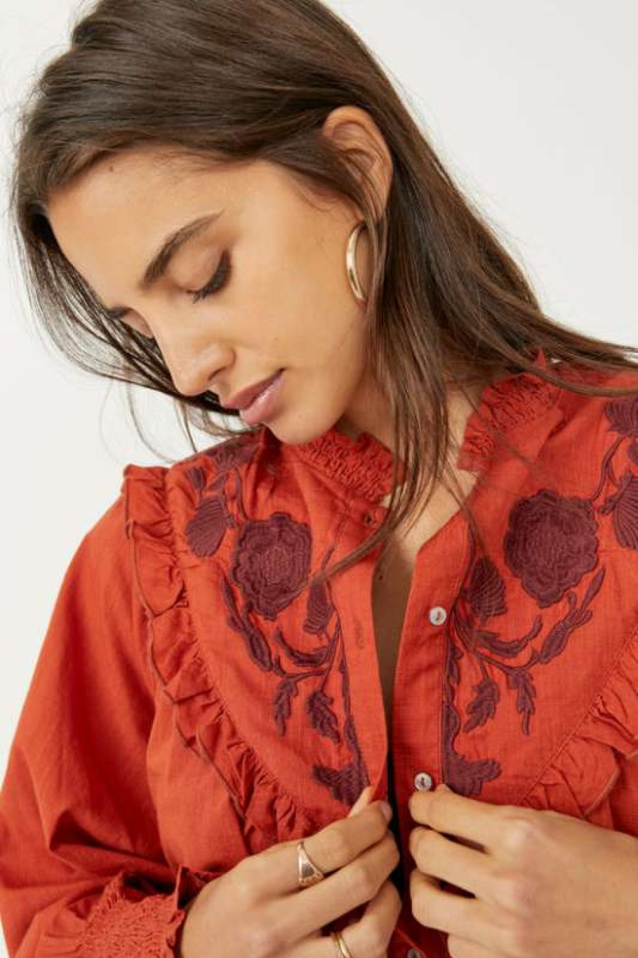 Blouses * | Unique Free People: Rose Vines Embroidered Top Iron