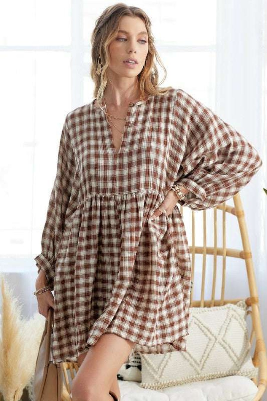 Dresses * | Especial Hickory Plaid Tunic Brown/Ecru