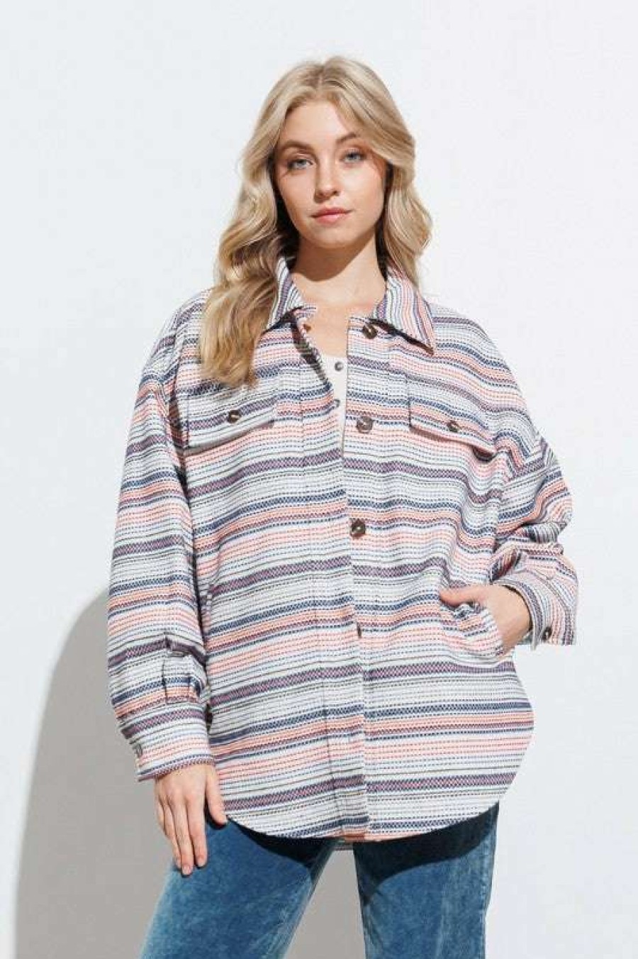 Jackets * | Comely Candor Striped Shacket Blue