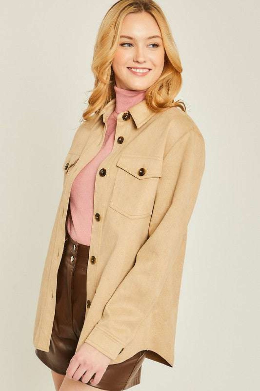 Jackets * | Beautiful Bf Doorbuster Brushed Solid Shacket Khaki