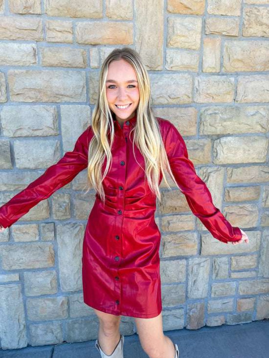 Dresses * | Authentic Challenge Pleather Shirt Dress Red