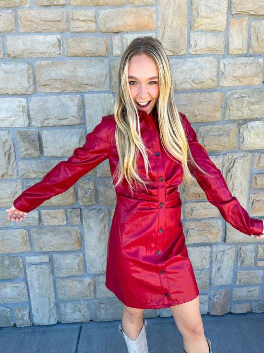 Dresses * | Authentic Challenge Pleather Shirt Dress Red