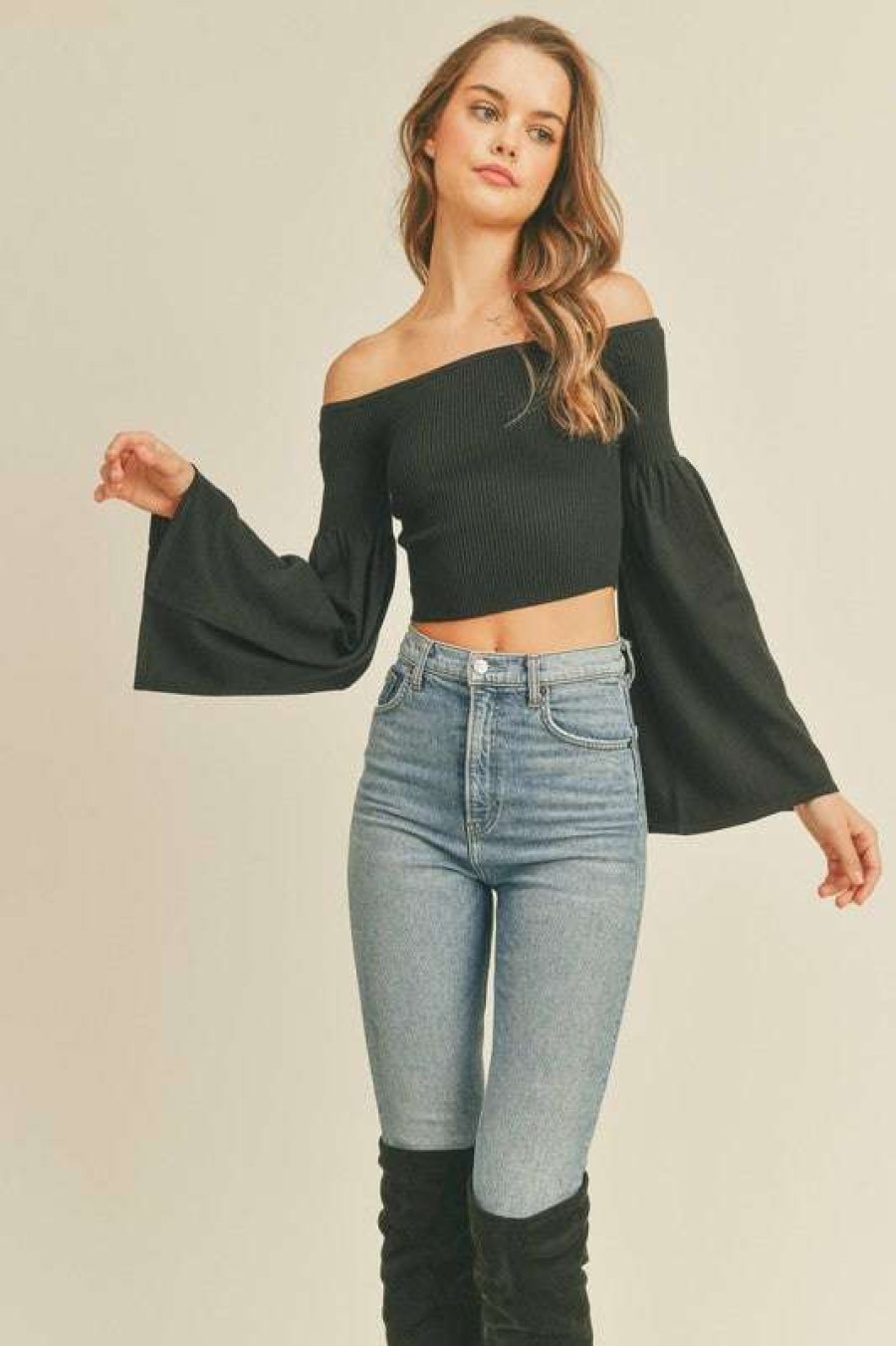 Crop * | Exceptional Emma Off-The-Shoulder Sweater Crop Black