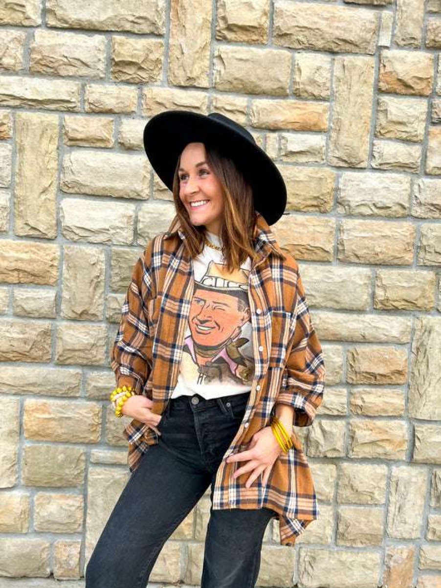 Blouses * | Beautiful Hayride Plaid Top Camel