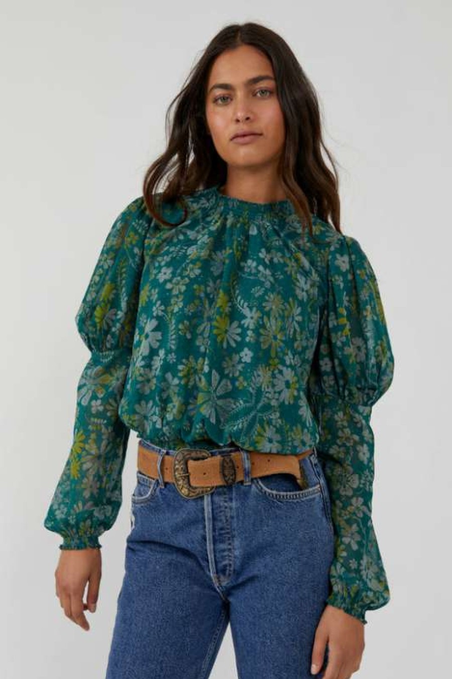 Blouses * | Diaphanous Free People: Clarissa Printed Top Sea Combo