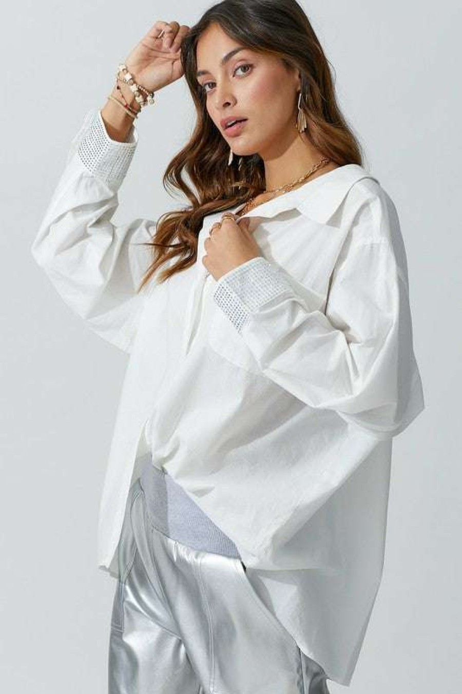 Blouses * | Fine Soho Studded Cuff Oversized Shirt White