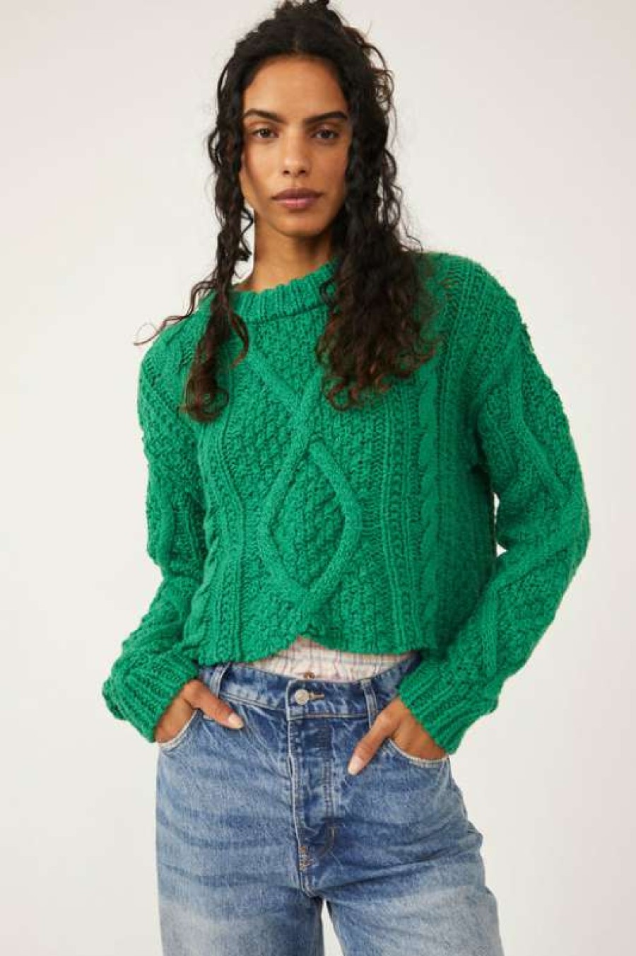 Crop * | Exceptional Free People: Cutting Edge Cable Pullover Green Bee