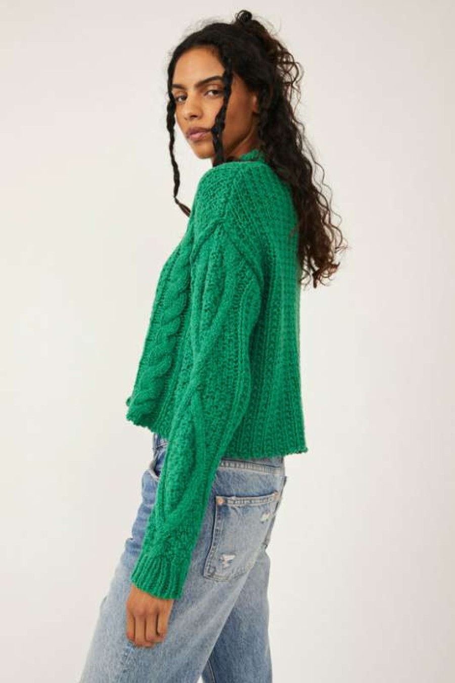 Crop * | Exceptional Free People: Cutting Edge Cable Pullover Green Bee