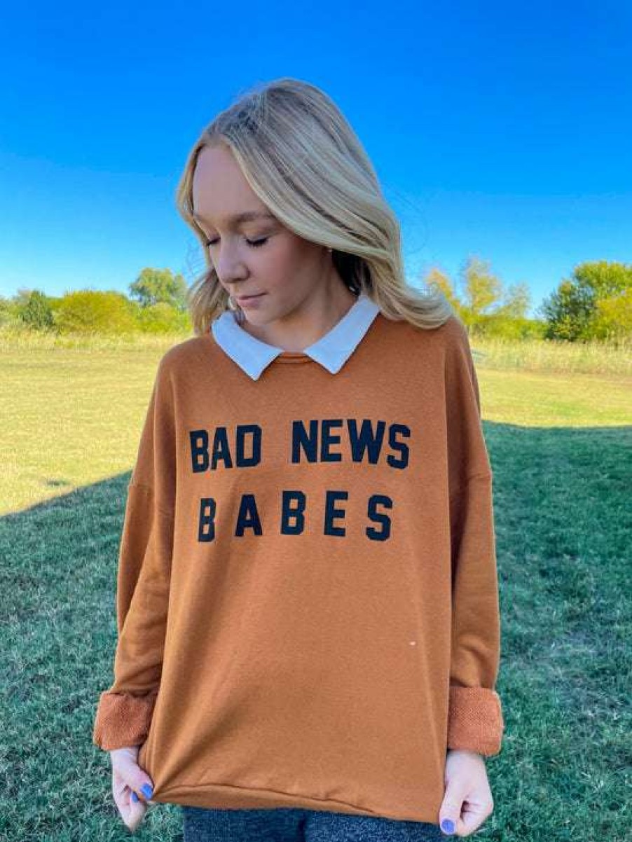 Graphic Tees * | Unique Bf Doorbuster Bad News Babes Sweatshirt Camel