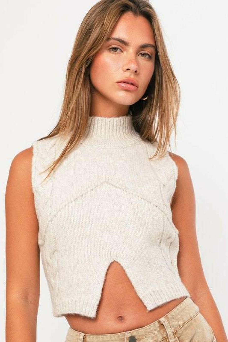 Crop * | Unique Mitchell Mock Neck Crop Sweater Oatmeal