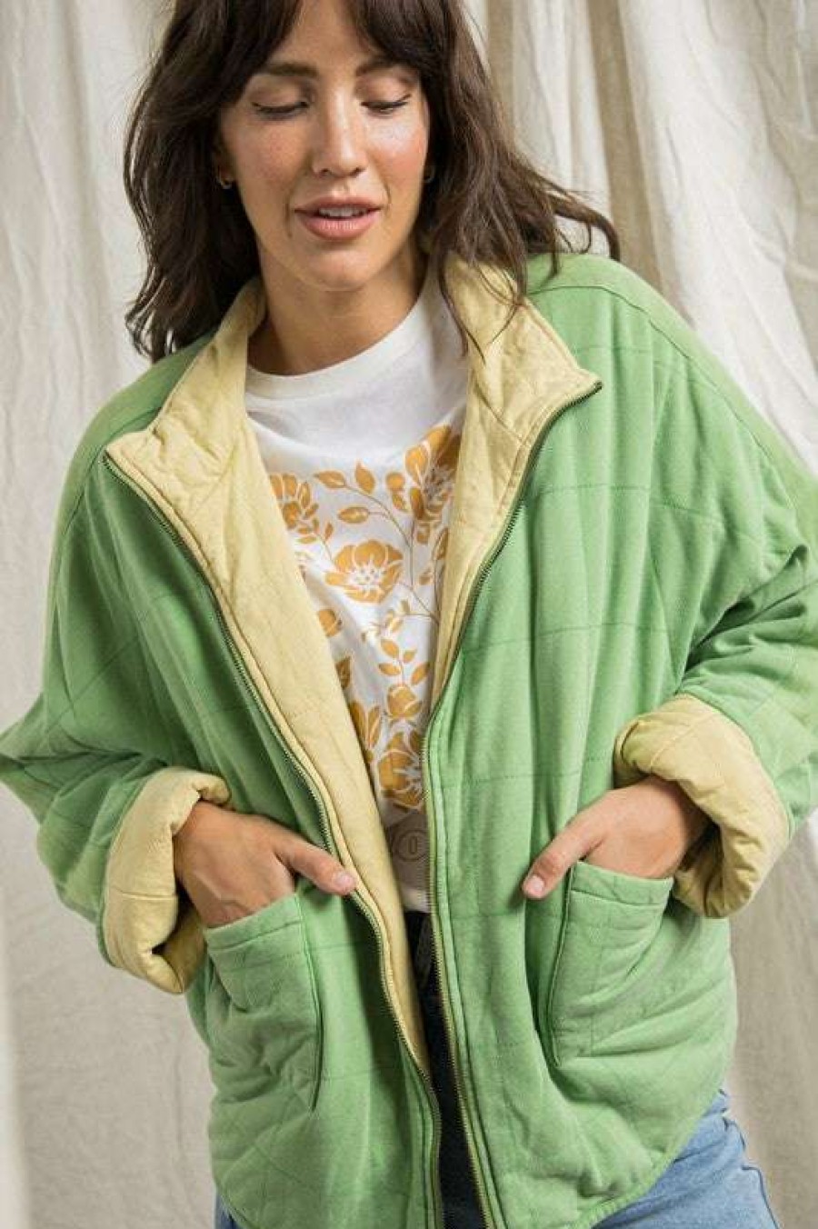 Jackets * | Fair Nice Side Reversible Quilted Jacket Kelly Green/Yellow