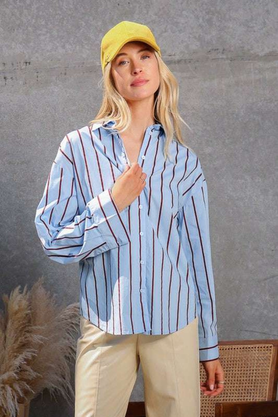 Blouses * | Particular Preppy Pinstripe Top Blue/Wine