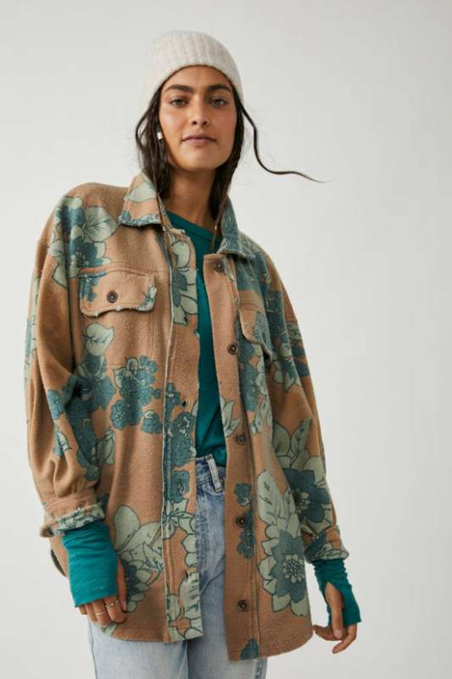 Jackets * | Particular Free People: Printed Ruby Jacket Tan Combo