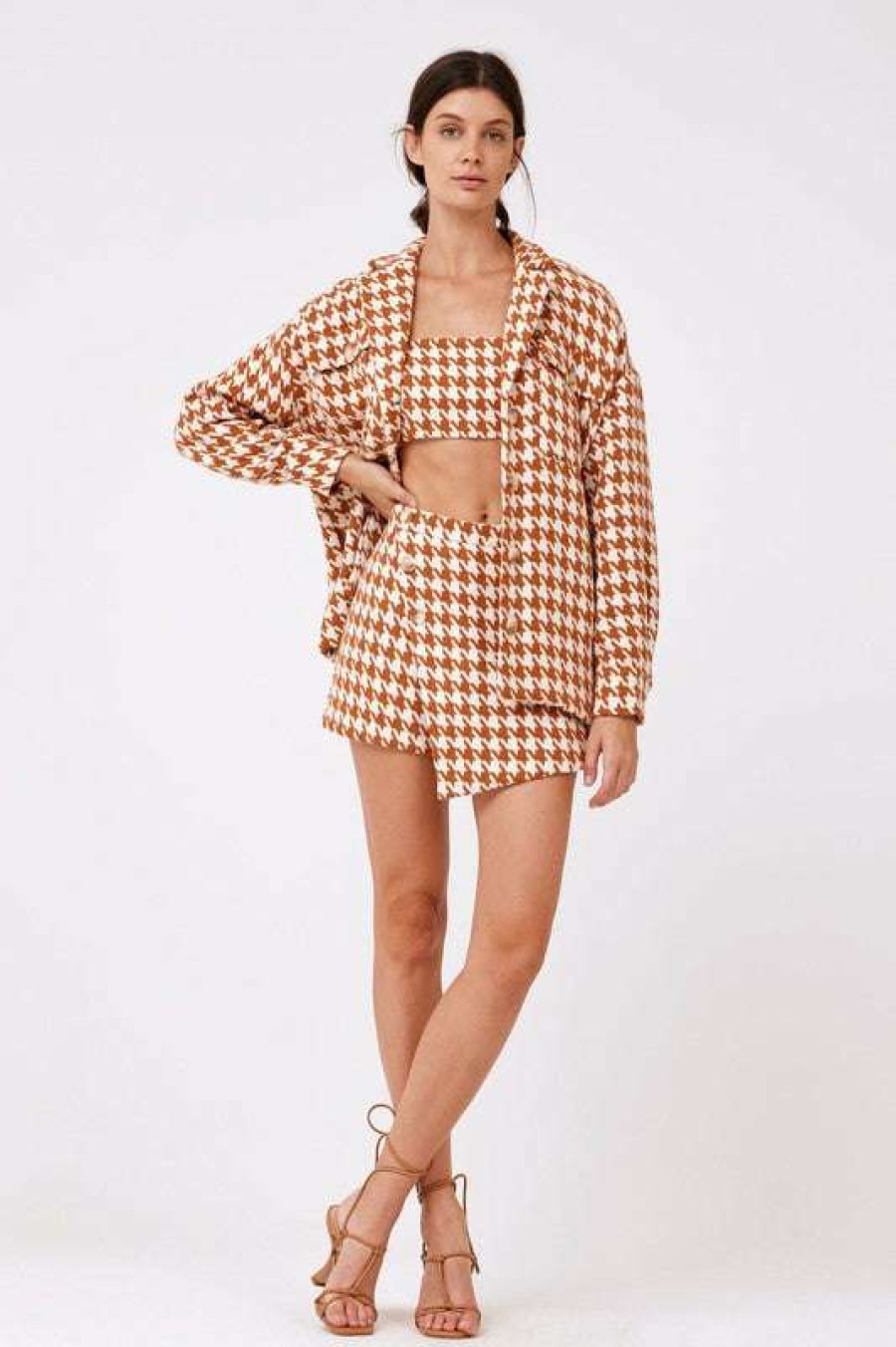 Blouses * | Fine Knight Houndstooth Shacket Camel