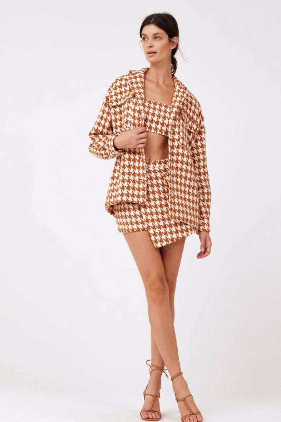 Blouses * | Fine Knight Houndstooth Shacket Camel